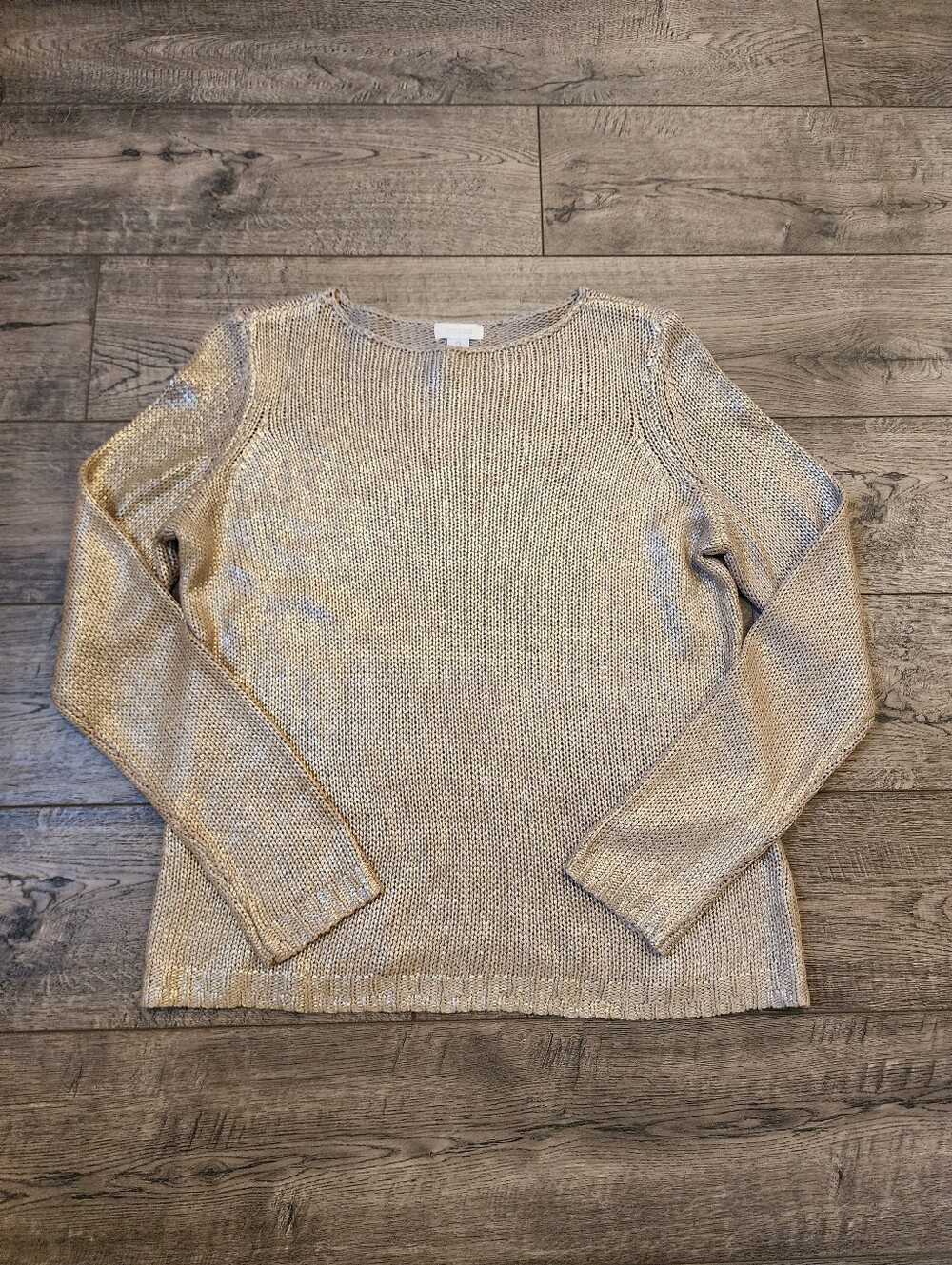 Chicos Womens Size 0 Gold Shimmer Metallic Knit Long Sleeve Lightweight Pullover